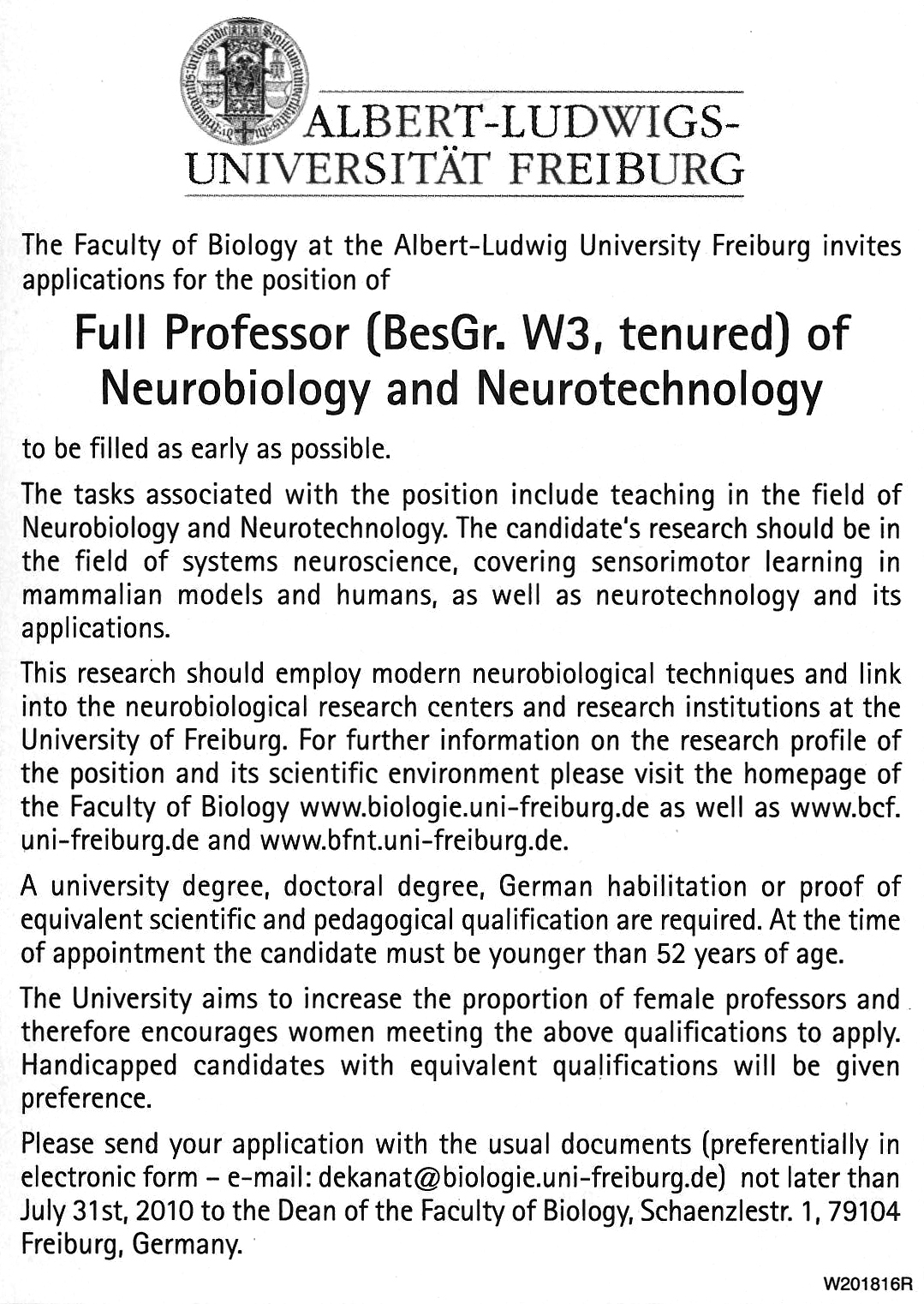 Position of Professor of Neurobiology and Neurotechnology